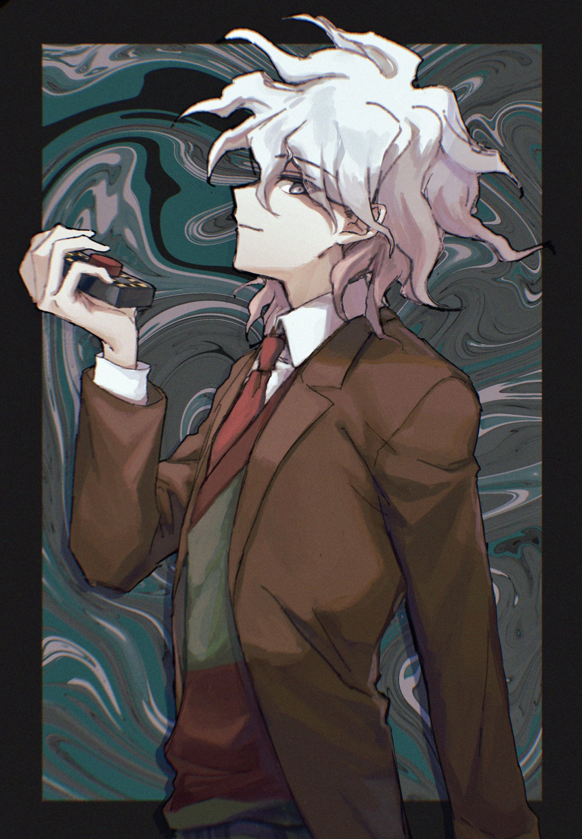 1boy aji_kosugi bangs black_border border brown_jacket buttons commentary_request cowboy_shot dangan_ronpa_(series) dangan_ronpa_3_(anime) from_side grey_eyes grey_hair hair_between_eyes hand_up highres holding hope's_peak_academy_school_uniform jacket komaeda_nagito long_sleeves looking_at_viewer looking_to_the_side male_focus medium_hair multicolored multicolored_background open_clothes open_jacket profile red_neckwear school_uniform shirt smile solo upper_body vest white_shirt