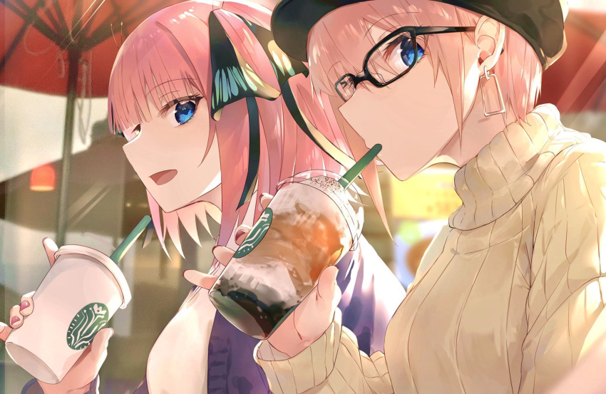 2girls bangs black-framed_eyewear black_headwear black_ribbon blue_eyes bubble_tea cup drinking earrings eyebrows_visible_through_hair glasses go-toubun_no_hanayome hair_ribbon hat highres holding holding_cup jewelry kurokuro_illust looking_at_viewer multiple_girls nakano_ichika nakano_nino open_mouth pink_hair ribbed_sweater ribbon short_hair siblings sisters sweater upper_body yellow_sweater