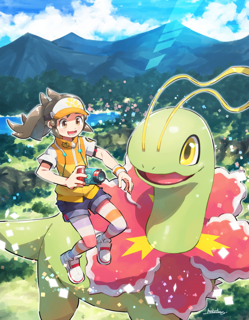 1girl :d bangs blue_sky blush brown_eyes brown_hair camera clouds commentary_request day eyelashes female_protagonist_(new_pokemon_snap) floating_hair full_body gen_2_pokemon highres holding holding_camera long_hair lower_teeth makoto_ikemu meganium mountain new_pokemon_snap open_mouth outdoors pokemon pokemon_(creature) shirt shoes short_shorts short_sleeves shorts sidelocks signature sky smile striped striped_legwear teeth tongue vest visor_cap white_footwear white_shirt wristband yellow_vest