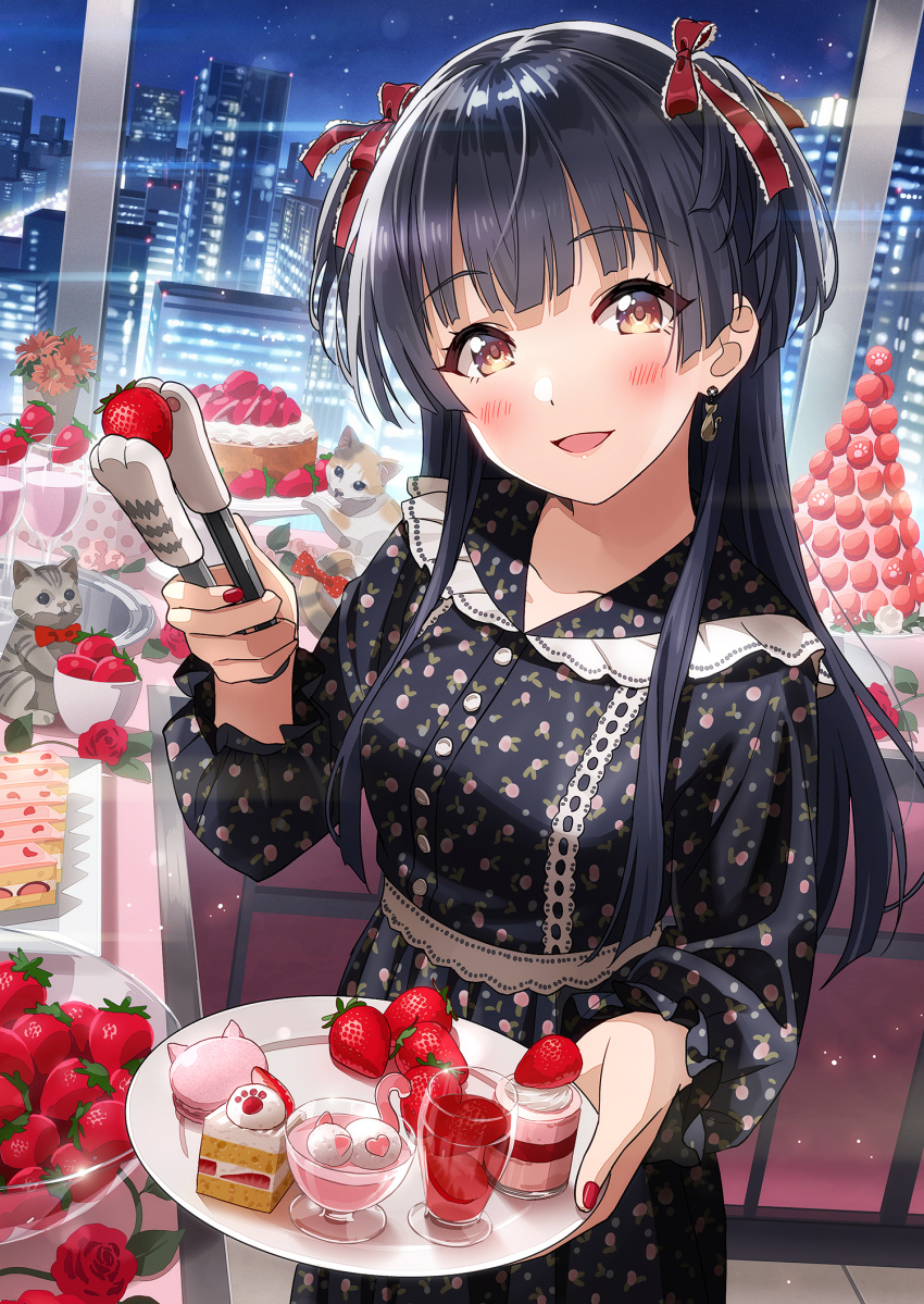1girl :d animal bangs black_dress black_hair blunt_bangs blush bow bowl breasts brown_eyes buffet cake cat cat_earrings city cowboy_shot cup dress drink drinking_glass earrings eyebrows_visible_through_hair flower food frilled_sleeves frills fruit hair_bow heart highres holding holding_plate idolmaster idolmaster_shiny_colors indoors jewelry lens_flare long_hair long_sleeves looking_at_viewer macaron mayuzumi_fuyuko medium_breasts nail_polish night open_mouth pie_slice plate print_dress red_bow red_flower red_nails red_rose rose smile solo sonsoso strawberry tongs two_side_up