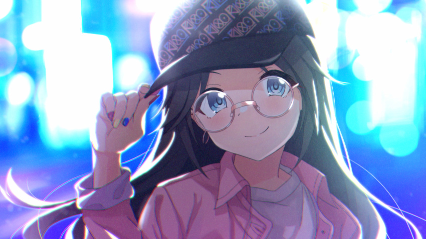 1girl artist_request backlighting baseball_cap black_hair black_headwear blue_eyes blurry blurry_background commentary_request earrings film_grain glasses hat highres idolmaster idolmaster_shiny_colors jacket jewelry long_hair long_sleeves looking_at_viewer mitsumine_yuika multicolored multicolored_nails pink_jacket round_eyewear shirt solo twintails upper_body white_shirt