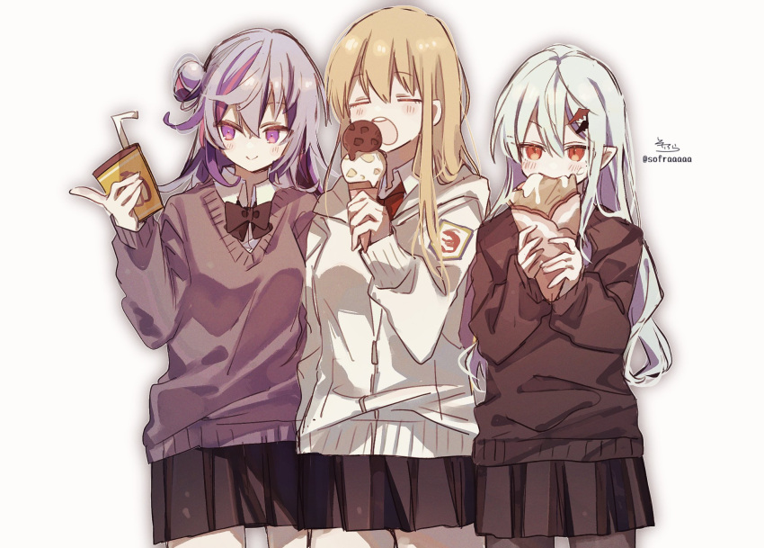 3girls bangs bendy_straw black_skirt blush bow brown_bow brown_sweater closed_eyes closed_mouth crepe double_scoop drinking_straw eating ex_albio eyebrows_visible_through_hair fang food fuwa_minato genderswap genderswap_(mtf) hair_between_eyes hair_bun hair_ornament highres holding holding_food hood hood_down hooded_jacket ice_cream ice_cream_cone jacket juice_box kuzuha_(nijisanji) light_brown_hair long_hair long_sleeves multicolored_hair multiple_girls necktie nijisanji open_mouth pleated_skirt purple_hair red_eyes red_neckwear school_uniform shirt side_bun signature silver_hair skirt sleeves_past_wrists smile sofra streaked_hair sweater twitter_username upper_teeth very_long_hair violet_eyes virtual_youtuber white_background white_jacket white_shirt