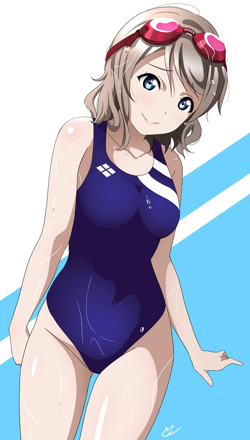 1girl bangs blue_eyes breasts brown_hair competition_swimsuit goggles highleg highleg_swimsuit highres lips looking_down love_live! love_live!_sunshine!! medium_breasts one-piece_swimsuit short_hair simonkhoy19 simple_background smile swept_bangs swimsuit thighs watanabe_you wet wet_clothes wet_swimsuit