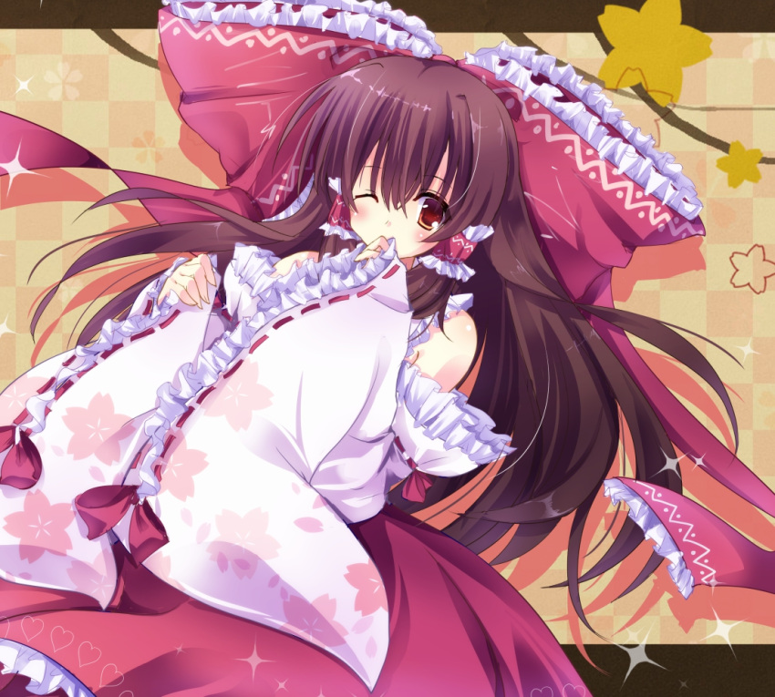 1girl bangs blush bow brown_eyes brown_hair checkered checkered_background detached_sleeves floral_print hair_bow hair_tubes hakurei_reimu hands_up heart heart_print kanna543 large_bow long_hair long_sleeves red_bow red_ribbon red_skirt ribbon ribbon-trimmed_sleeves ribbon_trim skirt sleeve_hold solo sparkle touhou upper_body wide_sleeves yellow_background