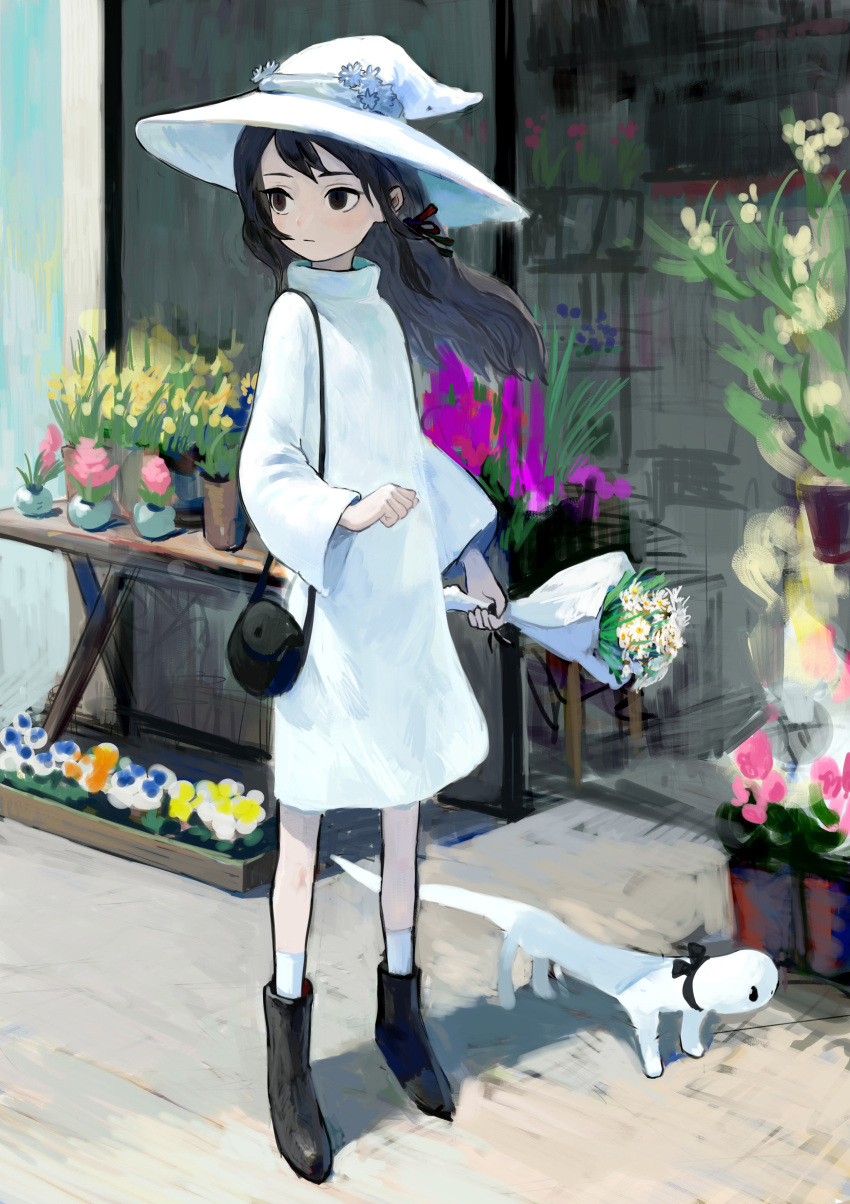 1girl absurdres bag black_bag black_eyes black_footwear black_hair blue_flower bouquet creature dress flower hat highres holding holding_bouquet holding_flower long_hair long_sleeves orange_flower original outdoors pink_flower shadow shoes shoulder_bag solo tsurunoka white_dress white_flower white_headwear witch_hat yellow_flower