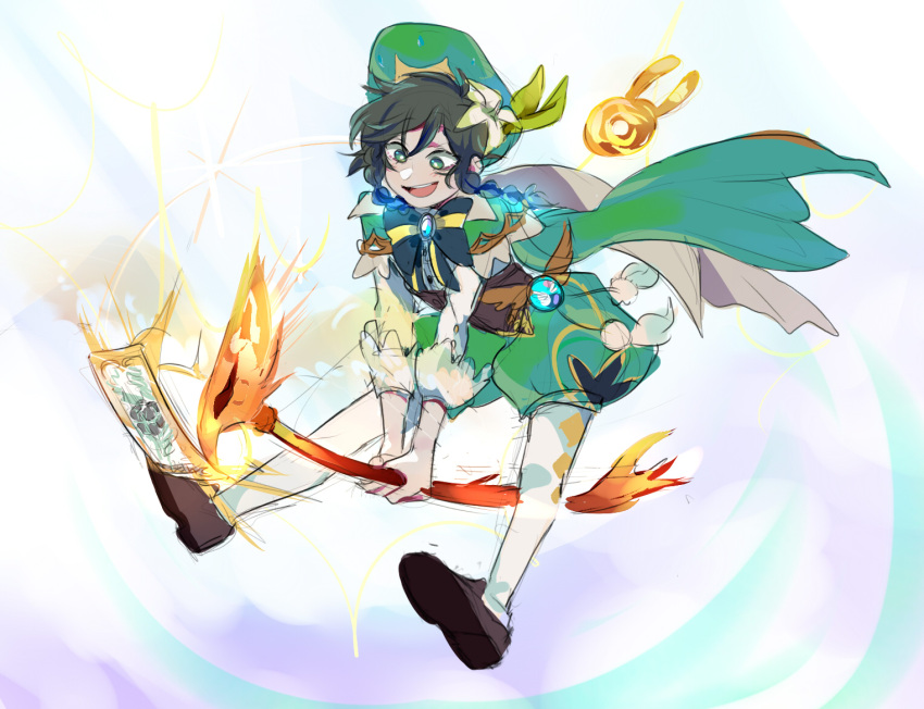 1boy black_hair blue_hair bow braid cape card feathers flower gem genshin_impact gradient_hair green_headwear hair_flower hair_ornament hat jewelry kawaiidani leaf long_hair long_sleeves magical_boy male_focus multicolored_hair open_mouth otoko_no_ko seelie_(genshin_impact) shorts simple_background smile solo twin_braids venti_(genshin_impact) vision_(genshin_impact) weapon white_legwear