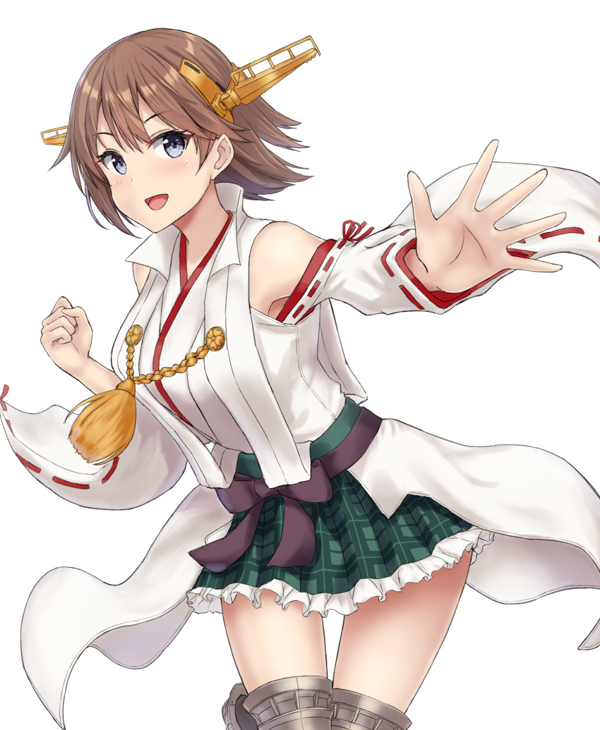 1girl boots brown_hair commentary_request detached_sleeves flipped_hair green_skirt hairband headgear hiei_(kantai_collection) highres japanese_clothes kantai_collection monoku plaid popped_collar remodel_(kantai_collection) ribbon-trimmed_sleeves ribbon_trim short_hair simple_background skirt solo thigh-highs thigh_boots thigh_gap white_background