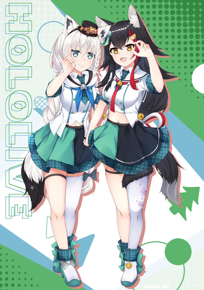 2girls absurdres animal_ear_fluff animal_ears arm_up bangs black_hair blue_neckwear braid breasts claw_pose commentary_request eyebrows_visible_through_hair fox_ears fox_girl fox_shadow_puppet fox_tail green_skirt hair_between_eyes hair_ornament hairband hairclip hat highres holding_hands hololive long_hair looking_at_viewer matching_outfit medium_breasts midriff mini_hat multicolored_hair multiple_girls navel neckerchief ookami_mio open_mouth otaku_heishi pentagram red_neckwear redhead shirakami_fubuki shirt short_sleeves sidelocks single_braid single_thighhigh skirt small_breasts smile tail tail_around_leg thigh-highs thigh_strap two-tone_hair virtual_youtuber white_hair white_shirt wolf_ears wolf_girl wolf_tail