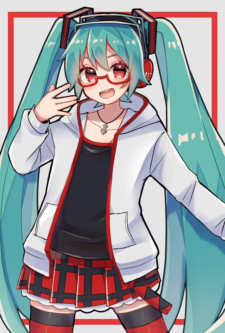 1girl akikan_sabago aqua_hair belt black_shirt commentary cowboy_shot glasses hand_up hatsune_miku headphones highres hood hoodie jewelry long_hair miniskirt natural_(module) necklace open_mouth plaid plaid_skirt pleated_skirt project_diva_(series) red-framed_eyewear red_eyes red_legwear red_skirt semi-rimless_eyewear shirt skirt smile solo thigh-highs twintails very_long_hair vocaloid white_hoodie