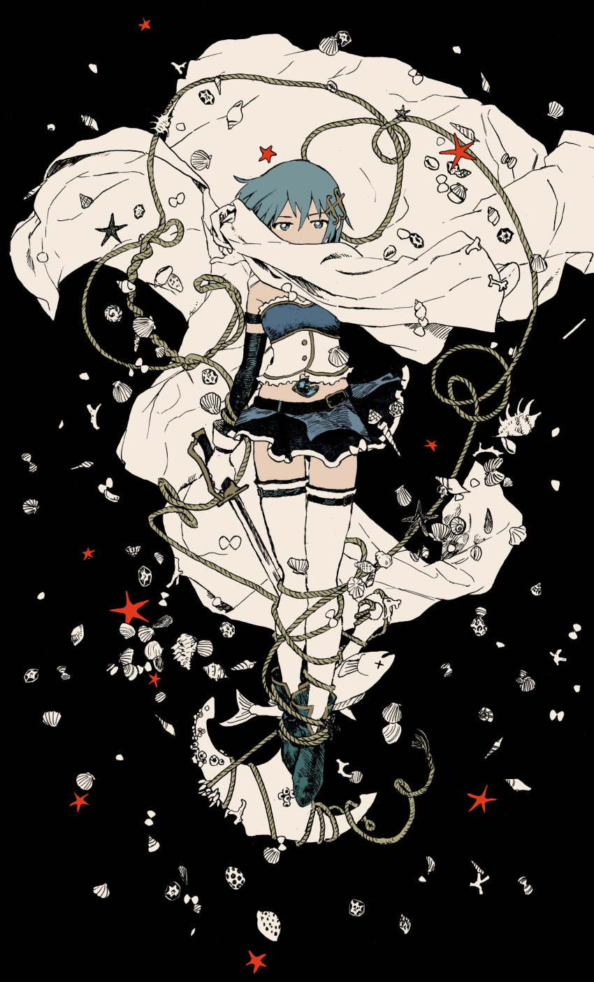 1girl absurdres belt black_background blue_eyes blue_footwear blue_hair blue_skirt cape elbow_gloves fish gloves hair_between_eyes hair_ornament hairclip highres holding holding_sword holding_weapon looking_at_viewer magical_girl mahou_shoujo_madoka_magica memotyoumemo midriff miki_sayaka navel rope shell shoes short_hair skirt solo starfish sword thigh-highs weapon white_cape white_gloves white_legwear wide_shot