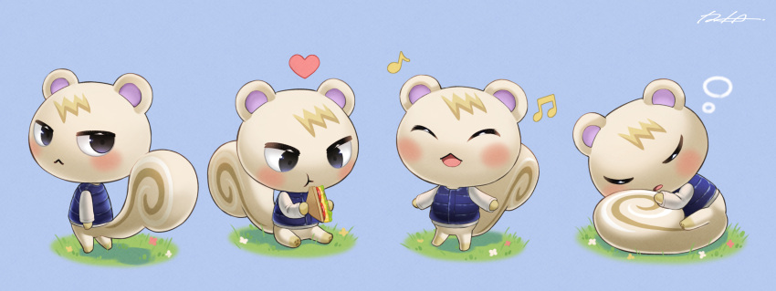 1boy :&lt; :t ^_^ absurdres animal_crossing animal_ears artist_name bangs black_eyes blonde_hair blue_background blue_vest blush body_fur bottomless bread cheese closed_eyes closed_mouth commentary_request eating flower food from_behind full_body furry grass half-closed_eyes hands_up happy heart highres holding holding_food iria_(yumeirokingyo) lettuce long_sleeves looking_back looking_down lying male_focus marshal_(animal_crossing) multiple_views musical_note on_side open_mouth outdoors outstretched_arms pawpads paws red_flower sandwich shirt short_hair signature simple_background sitting sleeping smile spread_arms squirrel_boy squirrel_ears squirrel_tail standing tail tail_hug tomato very_short_hair vest white_flower white_shirt yellow_flower yellow_fur