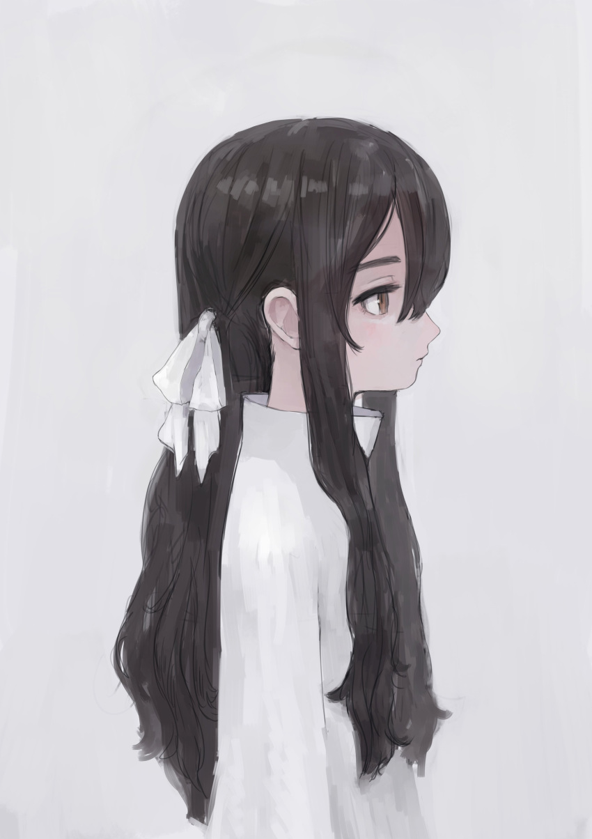 1girl absurdres black_hair dress from_side grey_background hair_ribbon highres long_hair muted_color original profile ribbon simple_background solo tsurunoka upper_body white_dress white_ribbon