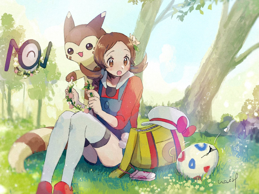 1girl :o bag blush brown_eyes brown_hair day eyelashes flower furret gen_2_pokemon grass hair_flower hair_ornament hanenbo hat hat_removed hat_ribbon headwear_removed highres holding lyra_(pokemon) open_mouth outdoors overalls pokemon pokemon_(creature) pokemon_(game) pokemon_hgss red_footwear ribbon shoes signature sitting symbol_commentary thigh-highs togepi_egg tree twintails unown unown_n white_headwear yellow_bag