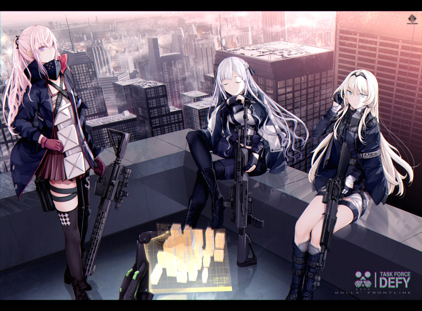 3girls ak-12 ak-12_(girls_frontline) an-94 an-94_(girls_frontline) ar-15 assault_rifle bangs black_gloves braid breasts building city cityscape closed_eyes closed_mouth commentary_request day defy_(girls_frontline) expressionless eyebrows_visible_through_hair french_braid girls_frontline gloves gun hair_between_eyes hair_ornament highres holding hologram jacket long_hair long_sleeves mask_around_neck mishima_hiroji mod3_(girls_frontline) multicolored_hair multiple_girls pink_hair red_gloves redhead ribbon rifle rooftop sidelocks silver_hair skyscraper smile st_ar-15_(girls_frontline) streaked_hair thigh-highs violet_eyes weapon