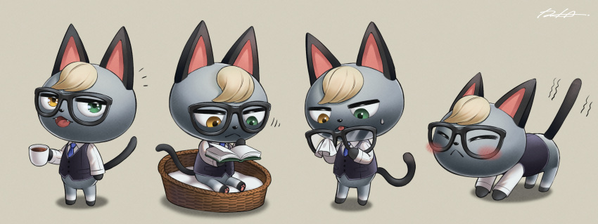 1boy :&lt; absurdres all_fours animal_crossing animal_ears animal_nose artist_name bangs beige_background black-framed_eyewear black_fur black_vest blonde_hair blue_neckwear blush body_fur book bottomless cat_boy cat_ears cat_stretch cat_tail cleaning_glasses closed_eyes closed_mouth coffee commentary_request cup drink eyewear_removed fangs formal full_body furry glasses green_eyes grey_fur half-closed_eyes hand_up hands_up happy heterochromia highres holding holding_book iria_(yumeirokingyo) looking_at_viewer looking_down male_focus motion_lines mug multiple_views necktie notice_lines open_book open_mouth orange_eyes pawpads paws pet_bed raymond_(animal_crossing) reading shirt short_hair signature simple_background sitting smile standing stretch sweat tail tongue tongue_out trembling very_short_hair vest white_shirt