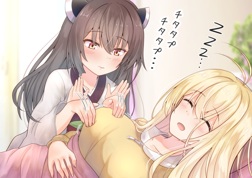 2girls antenna_hair blanket blonde_hair blurry blurry_background blush brown_hair closed_mouth collarbone hair_between_eyes hands_on_another's_chest japanese_clothes kimono long_hair long_sleeves motion_lines multiple_girls obi open_mouth red_eyes sash shirt sleeping touhoku_kiritan translation_request tsurumaki_maki voiceroid wide_sleeves yellow_shirt yonrayume zzz