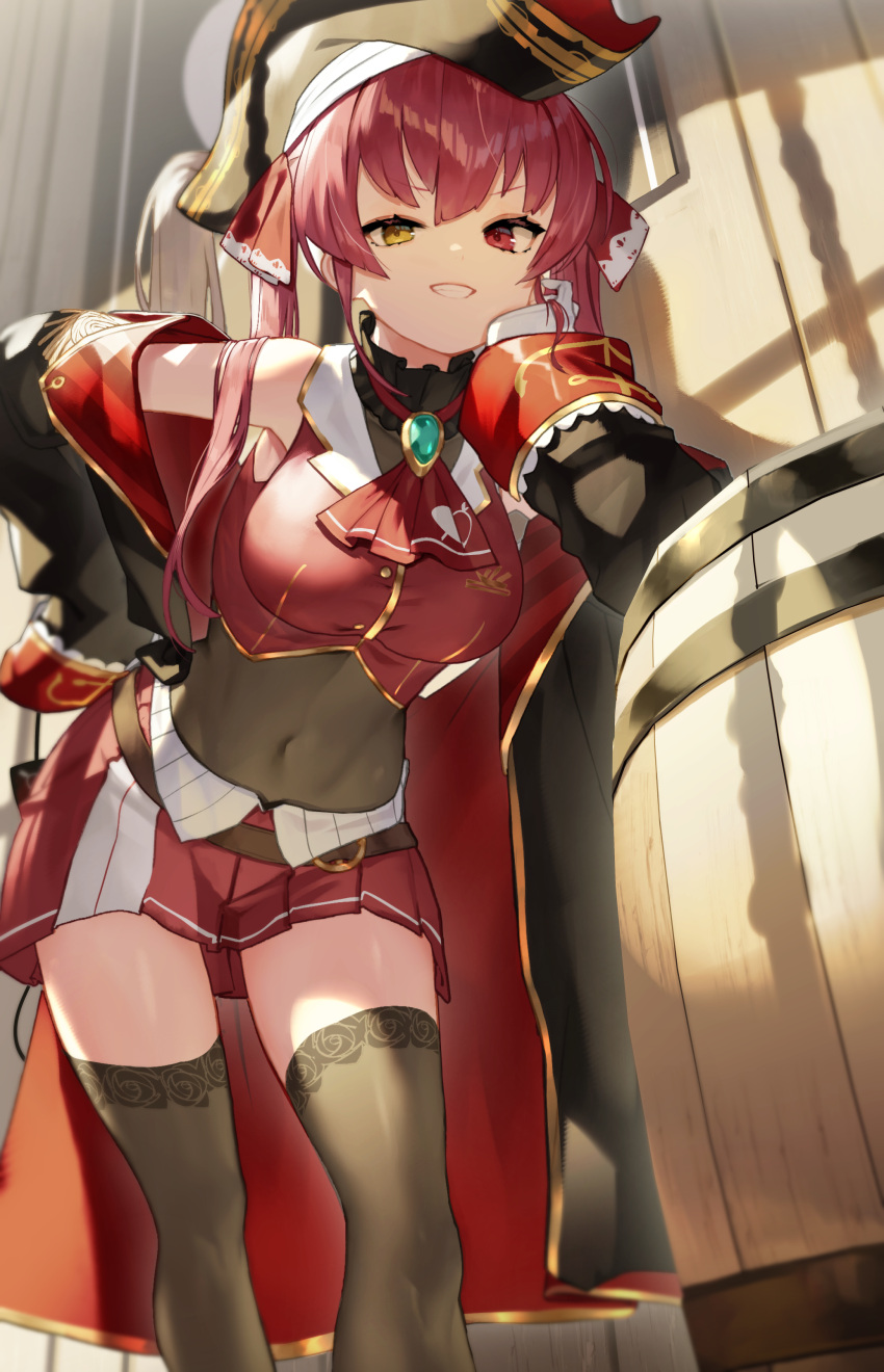 1girl absurdres ascot bangs barrel black_coat black_legwear breasts brooch coat covered_navel crop_top grin hair_ribbon heterochromia highres hololive houshou_marine jewelry large_breasts long_hair looking_at_viewer off_shoulder pirate pirate_costume red_eyes red_ribbon red_skirt redhead ribbon skirt sleeveless smile sukocchi thigh-highs thighs twintails virtual_youtuber yellow_eyes