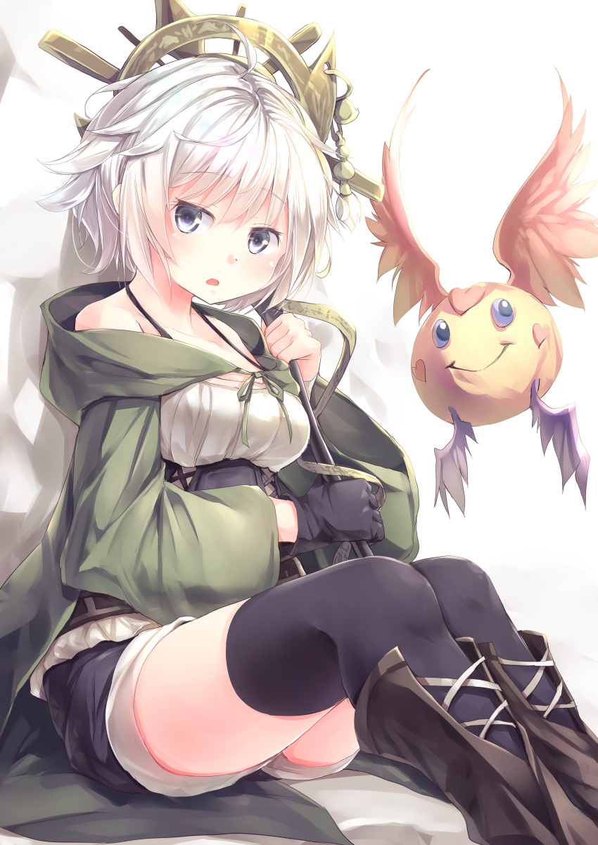 1girl absurdres bare_shoulders blue_eyes breasts duel_monster eyebrows_visible_through_hair feet_out_of_frame gloves happy_lover heart highres holding holding_staff hood hood_down kanzakietc lyna open_clothes open_mouth open_robe robe shadow short_hair shorts single_glove sitting smile staff thigh-highs white_background white_hair wings yu-gi-oh!