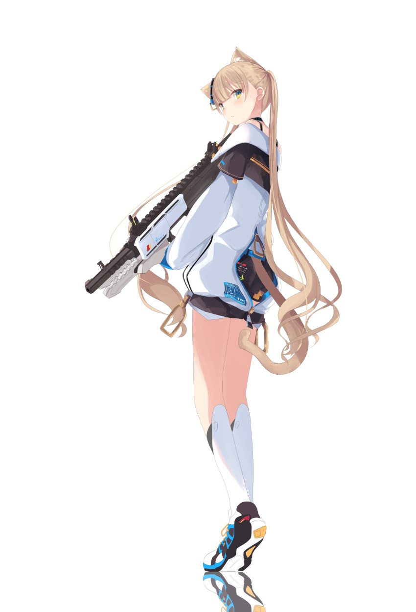 1girl absurdres animal_ears assault_rifle bangs black_footwear cat_ears cat_girl cat_tail closed_mouth force_(fossan_01) from_side frown full_body gun hair_ornament highres holding holding_gun holding_weapon jacket kneehighs light_brown_hair long_hair long_sleeves looking_at_viewer original reflection rifle shoes simple_background sneakers solo standing tail unzipped very_long_hair weapon white_background white_jacket white_legwear yellow_eyes