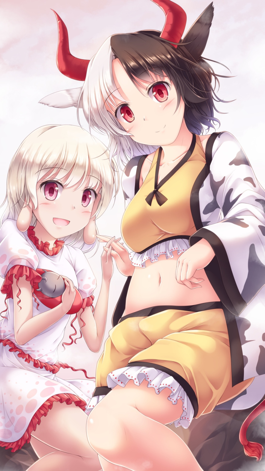 2girls :d animal_ears animal_print black_hair commentary_request cow_print ebisu_eika eyebrows_visible_through_hair highres holding_hands horns interlocked_fingers long_sleeves looking_at_viewer lzh midriff multicolored_hair multiple_girls navel open_mouth puffy_short_sleeves puffy_sleeves red_eyes short_sleeves shorts smile touhou two-tone_hair ushizaki_urumi white_hair wide_sleeves yellow_shorts