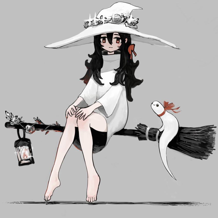 1girl absurdres black_hair blush broom broom_riding creature dress fire grey_background hair_between_eyes hat highres lantern long_hair long_sleeves looking_at_viewer original red_eyes sidesaddle simple_background smile solo sparkle tsurunoka white_dress white_headwear witch witch_hat
