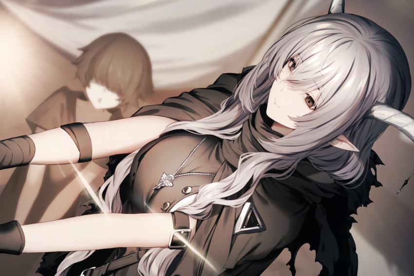 1girl arknights arm_belt arm_strap black_cape black_shirt breasts brown_eyes cape closed_mouth dutch_angle genyaky gloves grey_hair horns jewelry large_breasts long_hair necklace official_art shining_(arknights) shirt smile solo_focus torn_cape torn_clothes