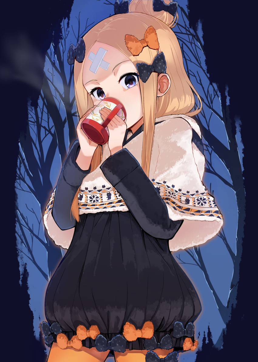 1girl abigail_williams_(fate/grand_order) absurdres adapted_costume bandaid bandaid_on_forehead bangs bare_tree black_dress blonde_hair bow commentary_request cowboy_shot cup dress dress_bow drinking fate/grand_order fate_(series) forehead hair_bow hair_bun highres leggings long_sleeves looking_at_viewer medium_hair mug night orange_legwear outdoors parted_bangs shawl solo standing tree usuaji violet_eyes