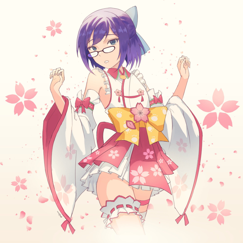 1girl alternate_hair_color ark_ford artist_name blue_bow blue_eyes bow cherry_blossoms cosplay cowboy_shot detached_sleeves falling_petals glasses hair_between_eyes hands_up highres hololive looking_at_viewer nontraditional_miko parted_lips petals purple_hair ribbon-trimmed_garter sakura_miko sakura_miko_(cosplay) short_hair skirt solo thigh-highs thighs tsurime virtual_youtuber w_arms white_background white_legwear white_skirt wide_sleeves yellow_bow yuujin_a_(hololive)