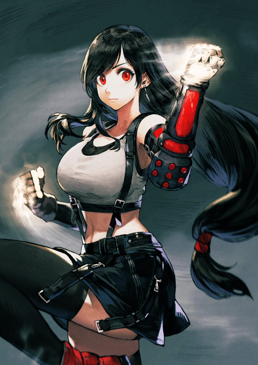 1girl arm_guards black_hair black_skirt breasts commentary_request crop_top earrings elbow_pads final_fantasy final_fantasy_vii final_fantasy_vii_remake fingerless_gloves gloves highres jewelry jun_(seojh1029) large_breasts long_hair looking_at_viewer low-tied_long_hair red_eyes shirt skirt sleeveless solo suspender_skirt suspenders suspenders_gap tank_top taut_clothes taut_shirt thigh-highs tifa_lockhart white_tank_top