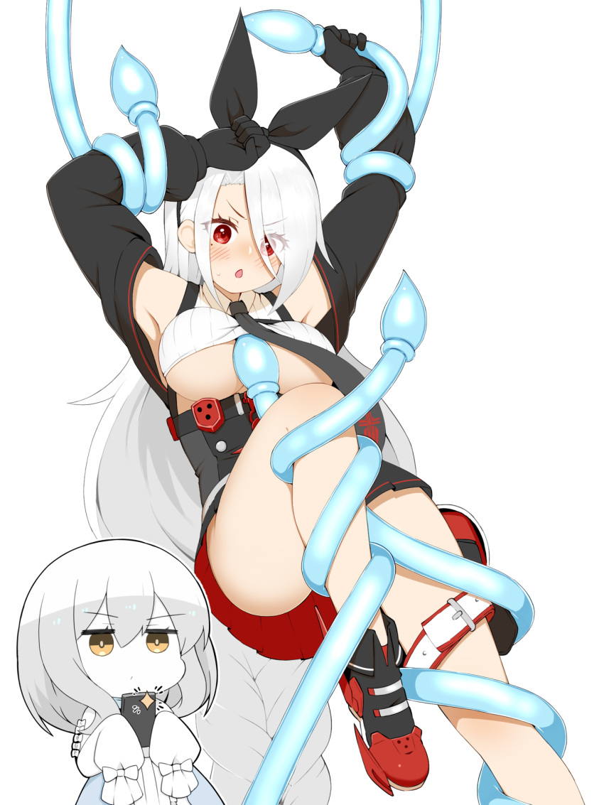 2girls :o absurdly_long_hair armpits arms_up ass azur_lane bangs bare_shoulders belt_pouch black_footwear black_gloves black_hairband black_neckwear black_skirt black_sleeves blush breasts cap105 cellphone chibi chibi_inset clenched_hand collared_shirt colored_skin commentary_request compiler_(azur_lane) cowboy_shot crop_top detached_sleeves dress eyebrows_visible_through_hair eyes_visible_through_hair frilled_dress frills gloves hair_between_eyes hair_over_one_eye hairband high-waist_skirt highres holding holding_phone large_breasts leg_belt long_hair long_sleeves medium_hair mole mole_under_eye multiple_girls necktie open_mouth pale_skin parted_bangs phone pleated_skirt pouch prinz_heinrich_(azur_lane) puffy_long_sleeves puffy_sleeves red_eyes restrained ribbed_shirt rudder_footwear shirt sidelocks simple_background siren_(azur_lane) skirt sleeves_past_fingers sleeves_past_wrists smartphone solo_focus standing standing_on_one_leg sweat taking_picture tentacles under_boob very_long_hair very_long_sleeves white_background white_dress white_hair white_shirt white_skin yellow_eyes