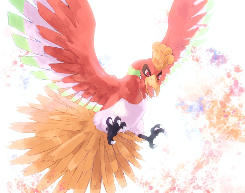 ahijo bird commentary gen_2_pokemon ho-oh legendary_pokemon looking_down no_humans open_mouth pokemon pokemon_(creature) red_eyes solo talons tongue