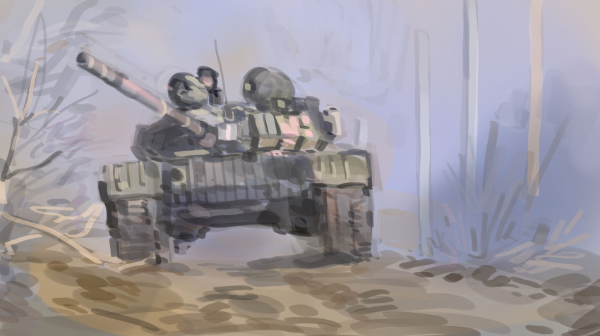 1girl black_headwear ground_vehicle highres military military_vehicle motor_vehicle original pole radio_antenna sketch solo tank tank_turret tree vehicle_focus xerbatt