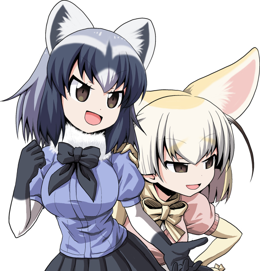 2girls animal_ears black_neckwear black_skirt blonde_hair blue_shirt bow bowtie brown_eyes clenched_hand collar common_raccoon_(kemono_friends) eyebrows_visible_through_hair fennec_(kemono_friends) fighting_stance fox_ears fur_collar grey_hair half-closed_eyes hand_on_another's_shoulder hand_on_hip highres kamishima_kanon kemono_friends looking_to_the_side multiple_girls open_mouth pink_sweater pleated_skirt puffy_short_sleeves puffy_sleeves raccoon_ears shirt short_sleeves silver_hair skirt smile smirk standing sweater v-shaped_eyebrows white_collar yellow_neckwear