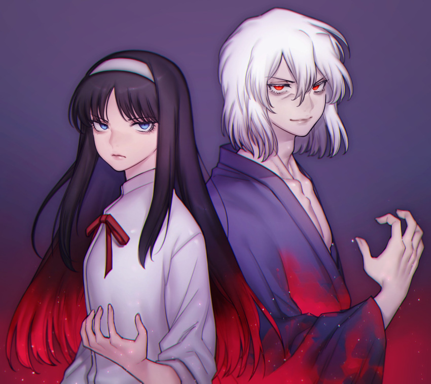 1boy 1girl bangs black_hair blood bloody_clothes blouse blue_eyes closed_mouth commentary_request frown gradient gradient_background gradient_hair hair_between_eyes hairband highres japanese_clothes kimono long_hair long_sleeves looking_at_viewer medium_hair multicolored_hair parted_bangs poisonsugar000 purple_background red_eyes red_ribbon ribbon sanpaku siblings sidelocks sleeves_pushed_up smile tohno_akiha tohno_shiki_(2) tsukihime upper_body white_blouse white_hair white_hairband wide_sleeves