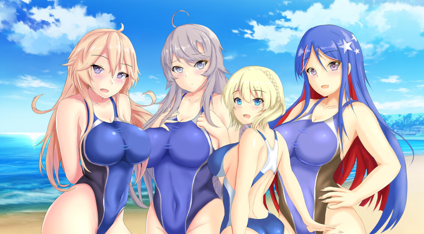 4girls beach blonde_hair blue_eyes blue_swimsuit breasts colorado_(kantai_collection) competition_swimsuit highleg highleg_swimsuit highres iowa_(kantai_collection) kantai_collection large_breasts long_hair montemasa multicolored_hair multiple_girls one-piece_swimsuit short_hair south_dakota_(kantai_collection) star-shaped_pupils star_(symbol) swimsuit symbol-shaped_pupils tagme violet_eyes washington_(kantai_collection)