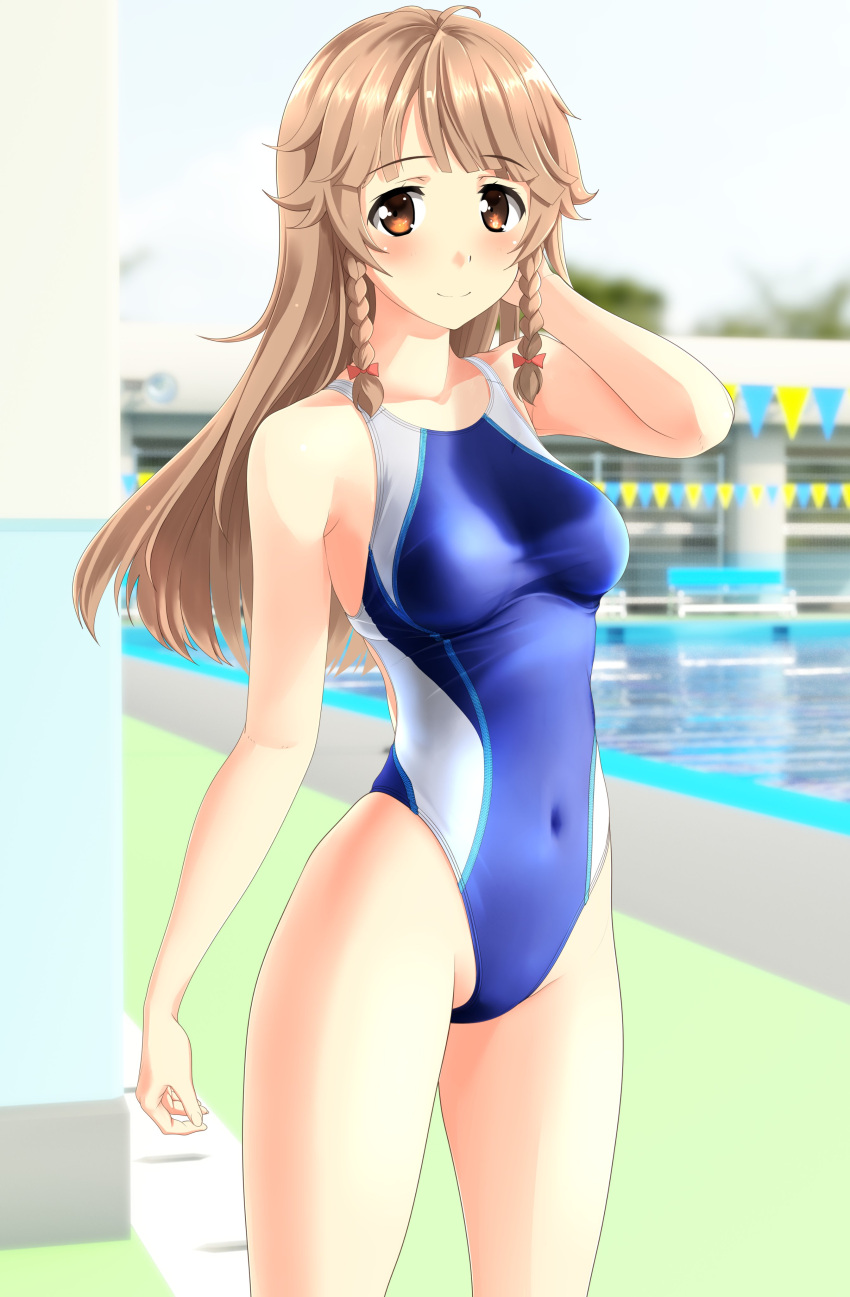 1girl absurdres blue_sky blue_swimsuit blurry braid breasts brown_eyes brown_hair clouds commentary_request covered_navel cowboy_shot day depth_of_field high_school_fleet highleg highleg_swimsuit highres long_hair medium_breasts nosa_kouko outdoors pool sky solo standing string_of_flags swimsuit takafumi twin_braids
