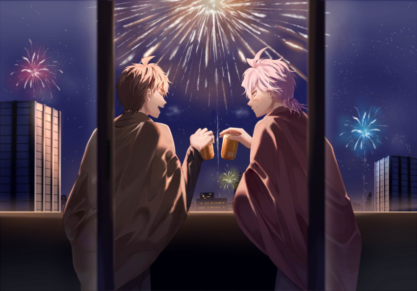 2boys aerial_fireworks ahoge alternate_costume alternate_hairstyle can closed_eyes commentary_request cup dangan_ronpa_(series) dangan_ronpa_2:_goodbye_despair facing_another fireworks from_behind grey_hair hand_up hinata_hajime holding holding_can japanese_clothes kimono komaeda_nagito looking_at_another male_focus medium_hair meipoi multiple_boys night night_sky open_mouth outdoors profile short_hair short_ponytail sky smile star_(sky) starry_sky upper_body