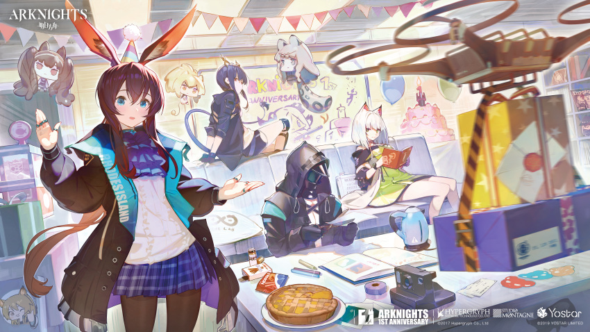 1other 3girls absurdres amiya_(arknights) angelina_(arknights) animal_ears arknights balloon bangs black_jacket blue_eyes blue_hair blue_neckwear book brown_hair cake ceobe_(arknights) ch'en_(arknights) character_balloon copyright_name doctor_(arknights) dragon_horns dragon_tail dress drone food green_dress hair_between_eyes hat highres hks_(timbougami) holding holding_book hood hooded_jacket horns ifrit_(arknights) indoors jacket kal'tsit_(arknights) long_hair long_sleeves looking_at_viewer multiple_girls official_art open_clothes open_jacket parted_lips party_hat pie pocky pramanix_(arknights) rabbit_ears red_eyes rhine_lab_logo shirt siege_(arknights) sitting skadi_(arknights) tail the_emperor_(arknights) very_long_hair white_shirt