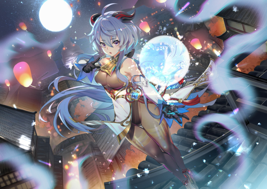 1girl :o ahoge ankle_ribbon bangs bare_shoulders bell black_gloves blue_hair bodystocking breasts building detached_sleeves dutch_angle eyebrows_visible_through_hair flower_knot full_moon ganyu_(genshin_impact) genshin_impact gloves hair_between_eyes highres horizon horns long_hair long_sleeves looking_at_viewer low_ponytail medium_breasts moon night outdoors outstretched_arm red_ribbon ribbon rooftop sidelocks sky solo sphere standing star_(sky) starry_sky tassel teddy_(khanshin) thigh_gap town very_long_hair violet_eyes