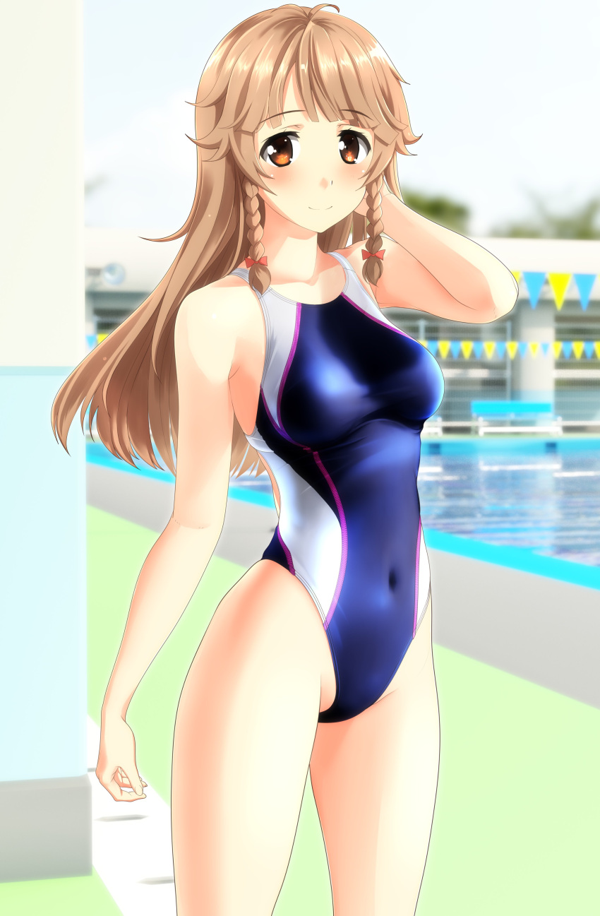 1girl absurdres black_swimsuit blue_sky blurry braid breasts brown_eyes brown_hair clouds commentary_request competition_swimsuit covered_navel cowboy_shot day depth_of_field high_school_fleet highleg highleg_swimsuit highres long_hair medium_breasts nosa_kouko one-piece_swimsuit outdoors pool sky solo standing string_of_flags swimsuit takafumi twin_braids