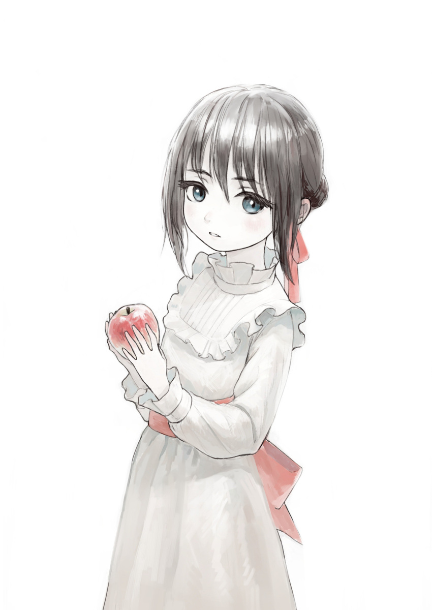 1girl absurdres apple bangs black_hair blue_eyes blush character_request commentary_request copyright_request dress food frills fruit hair_ribbon highres holding holding_food holding_fruit long_sleeves parted_lips red_ribbon ribbon simple_background solo tsurunoka white_background white_dress