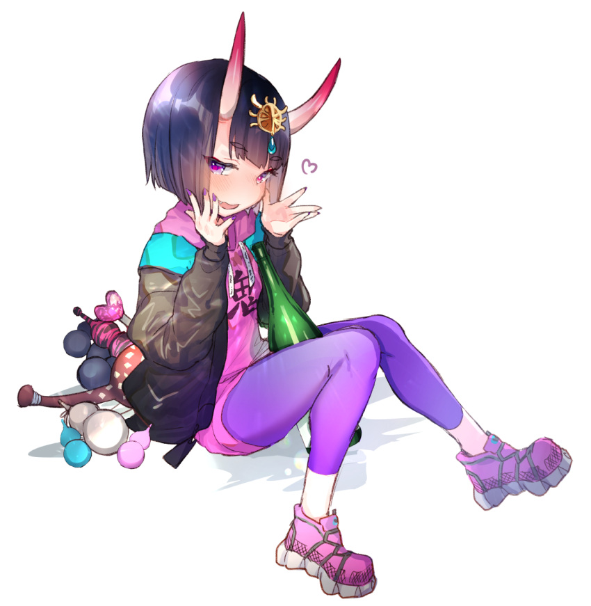 1girl alcohol bob_cut bottle contemporary eyeliner fate/grand_order fate_(series) headpiece highres horns kanro_ame_(ameko) looking_at_viewer makeup oni oni_horns pants pink_sweater purple_hair purple_pants sake sake_bottle short_hair shuten_douji_(fate/grand_order) skin-covered_horns smile solo sweater under_the_same_sky