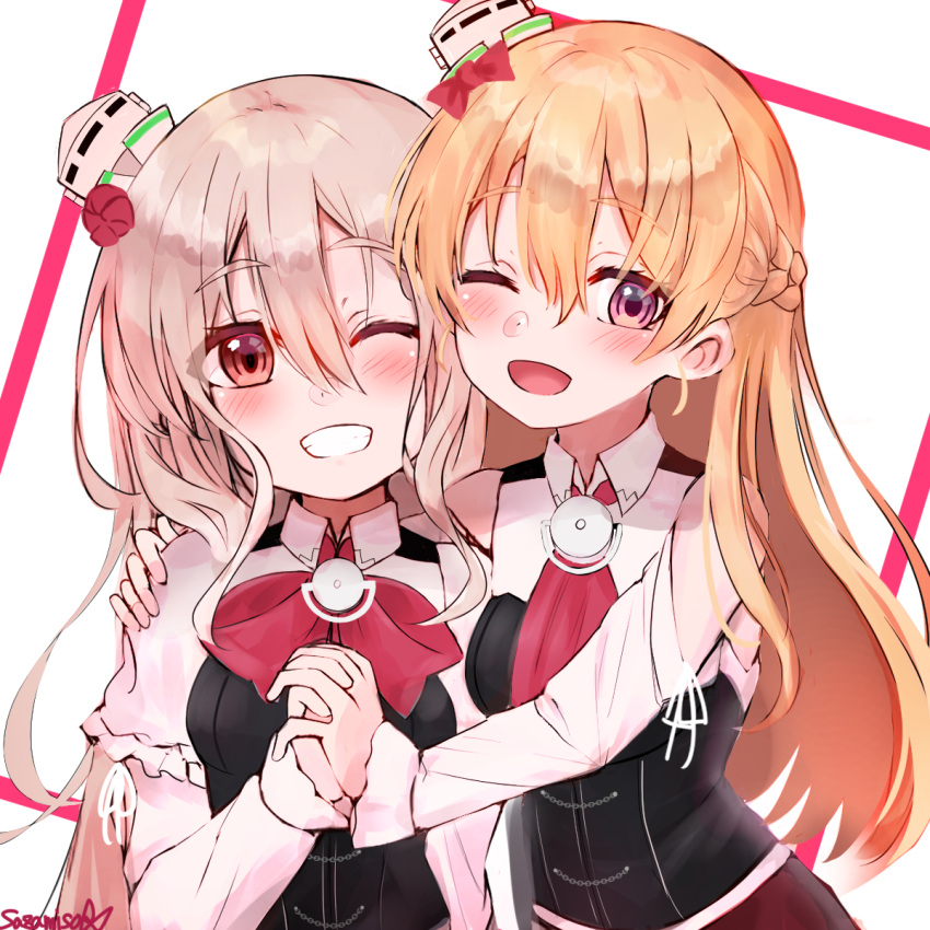 2girls artist_name ascot blonde_hair bow bowtie braid brown_eyes brown_hair corset eyebrows_visible_through_hair french_braid grin hair_between_eyes hat highres kantai_collection long_hair long_sleeves mini_hat multiple_girls one_eye_closed open_mouth pola_(kantai_collection) red_bow red_neckwear sazamiso_rx shirt signature smile violet_eyes wavy_hair white_headwear white_shirt zara_(kantai_collection)