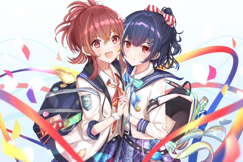 2girls backpack badge bag bandaid bandaid_on_face belt bow bracelet commentary_request confetti dark_blue_hair facial_mark hair_bow hair_ornament hairclip highres holding_hands idolmaster idolmaster_shiny_colors interlocked_fingers jewelry komiya_kaho long_hair looking_at_viewer medium_hair morino_rinze multiple_girls neck_ribbon open_mouth pleated_skirt ponytail red_eyes redhead ribbon sailor_collar school_bag scrunchie short_hair skirt sky_cappuccino sleeves_past_elbows white_background wrist_scrunchie