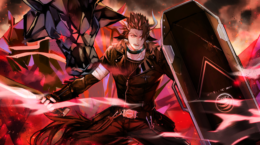 1boy absurdres animal_ears arknights brown_eyes brown_hair character_request cow_boy cow_ears cow_horns earrings energy fighting_stance glowing glowing_eyes highres holding holding_shield holding_sword holding_weapon horns huge_filesize jewelry male_focus matterhorn_(arknights) medium_hair pectorals shield sword tabno_(tanbotalo) toned toned_male weapon