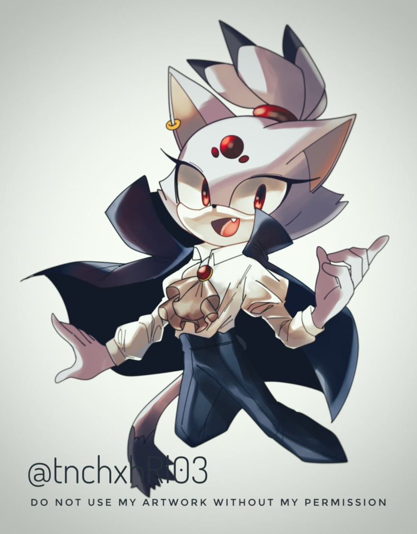 :d alternate_costume alternate_eye_color animal_ears black_cape black_pants blaze_the_cat brooch cape cat_ears cat_girl cat_tail collared_shirt cropped_legs earrings fang forehead_jewel formal full_body furry grey_background hands_up happy highres jewelry juliet_sleeves long_sleeves looking_at_viewer open_mouth outstretched_arms pants pleated_pants puffy_sleeves red_eyes shirt shirt_tucked_in simple_background single_earring slit_pupils smile solo sonic_rush sonic_the_hedgehog sucho tail tied_hair topknot twitter_username white_shirt