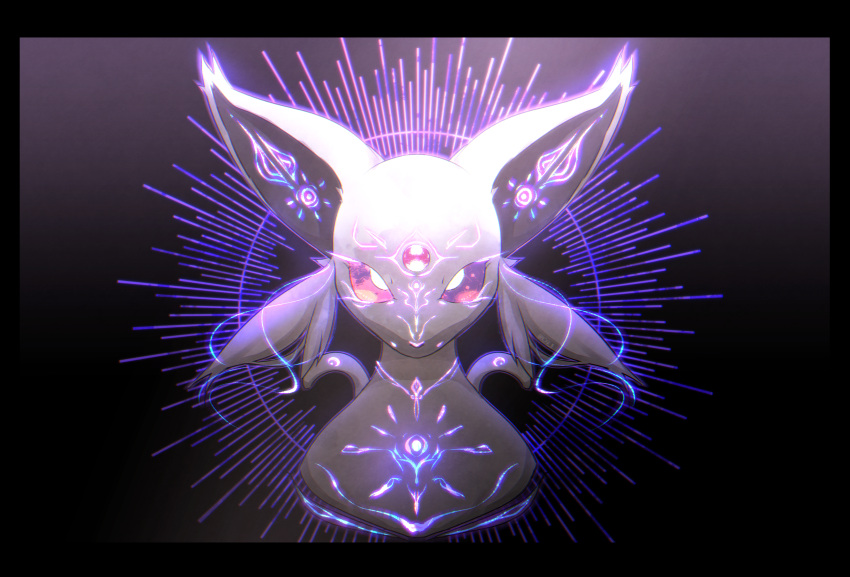 absurdres animal_focus black_border blank_eyes border chromatic_aberration commentary_request crescent cropped_torso espeon forehead_jewel gen_2_pokemon gradient gradient_background highres iogi_(iogi_k) looking_at_viewer neon_trim no_humans pokemon pokemon_(creature) purple_background purple_outline purple_theme solo star_(sky) straight-on upper_body violet_eyes