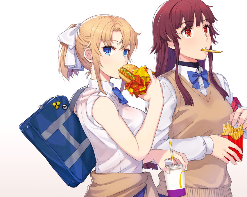 2girls armband bag bangs blonde_girl_(itou) blonde_hair blue_bow bow clothes_around_waist commentary_request cup drinking_straw eating eyebrows_visible_through_hair food french_fries hamburger highres itou_(onsoku_tassha) long_hair mcdonald's multiple_girls original radioactive red_eyes redhead school_bag shirt short_ponytail sidelocks simple_background sweater sweater_around_waist sweater_vest white_background white_shirt