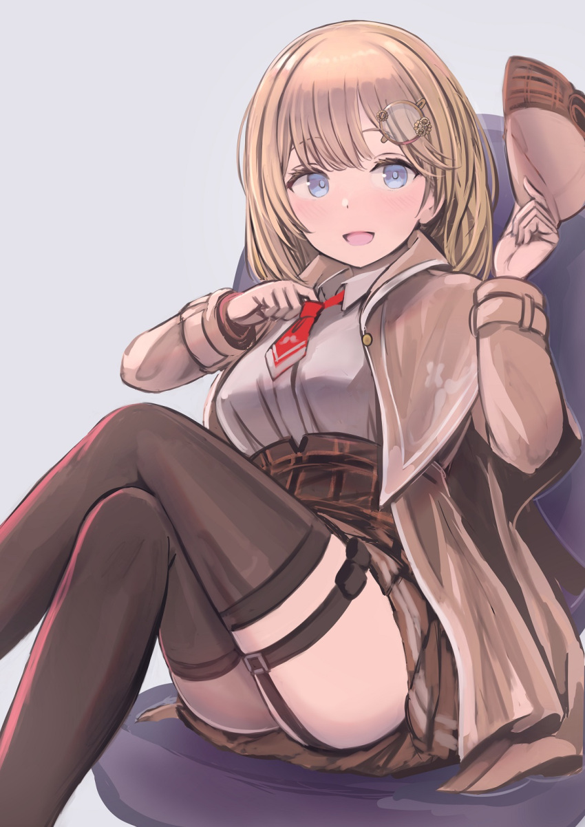 1girl :d ass bangs black_legwear blonde_hair blue_eyes blush breasts brown_capelet brown_jacket brown_skirt commentary_request enumiyan eyebrows_visible_through_hair feet_out_of_frame garter_straps grey_background hair_ornament hat hat_removed headwear_removed highres holding holding_clothes holding_hat hololive jacket looking_at_viewer medium_breasts monocle_hair_ornament necktie open_mouth pleated_skirt red_neckwear shirt simple_background sitting skirt smile solo thigh-highs upskirt watson_amelia white_shirt