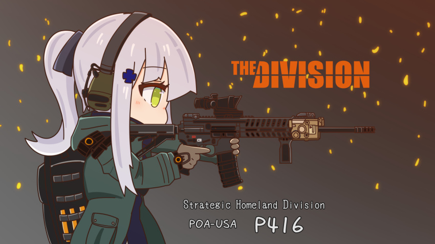 1girl agent_416_(girls_frontline) assault_rifle backpack bag bangs blush brown_gloves commentary_request copyright_name crossover english_text girls_frontline gloves gotoo green_eyes green_jacket gun hair_ornament headphones hk416_(girls_frontline) holding holding_weapon jacket long_hair p416 rifle silver_hair solo tom_clancy's_the_division upper_body weapon